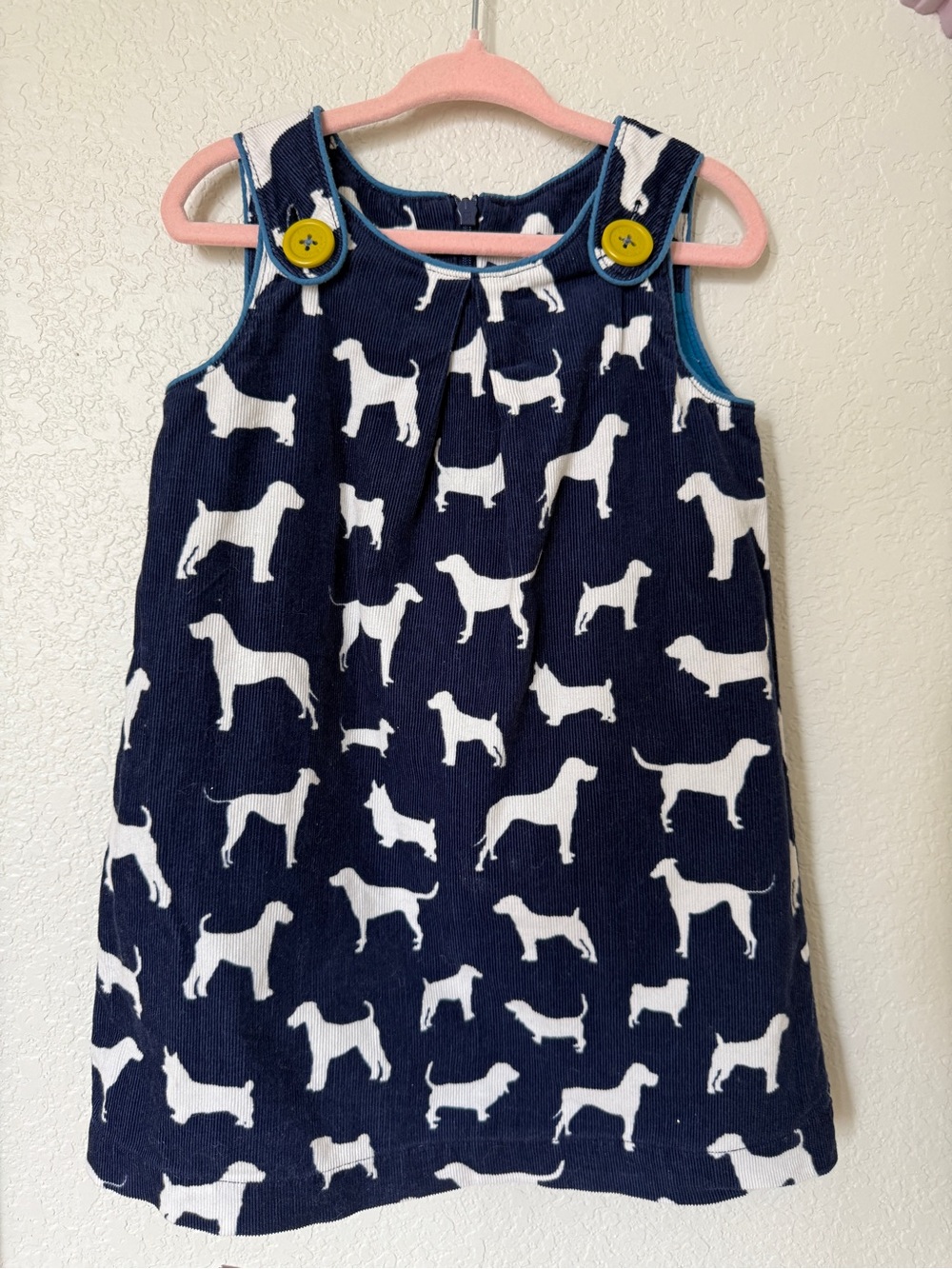 Mini Boden Navy and White Dog Print Corduroy Jumper with Yellow Button